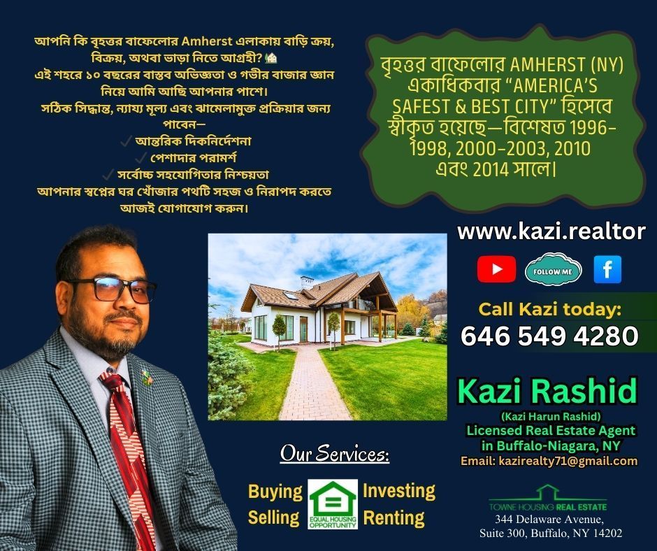 Real estate ad with Kazi Rashid, a house, and Amherst NY info.