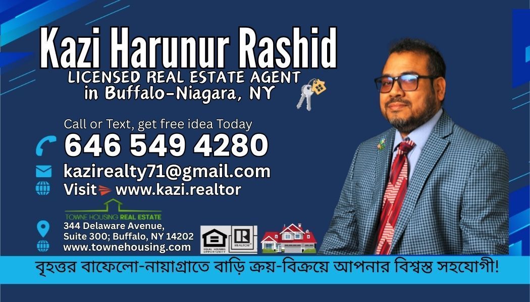 Business card for Kazi Harunur Rashid, Real Estate Agent in Buffalo-Niagara, NY; with contact info, photo.