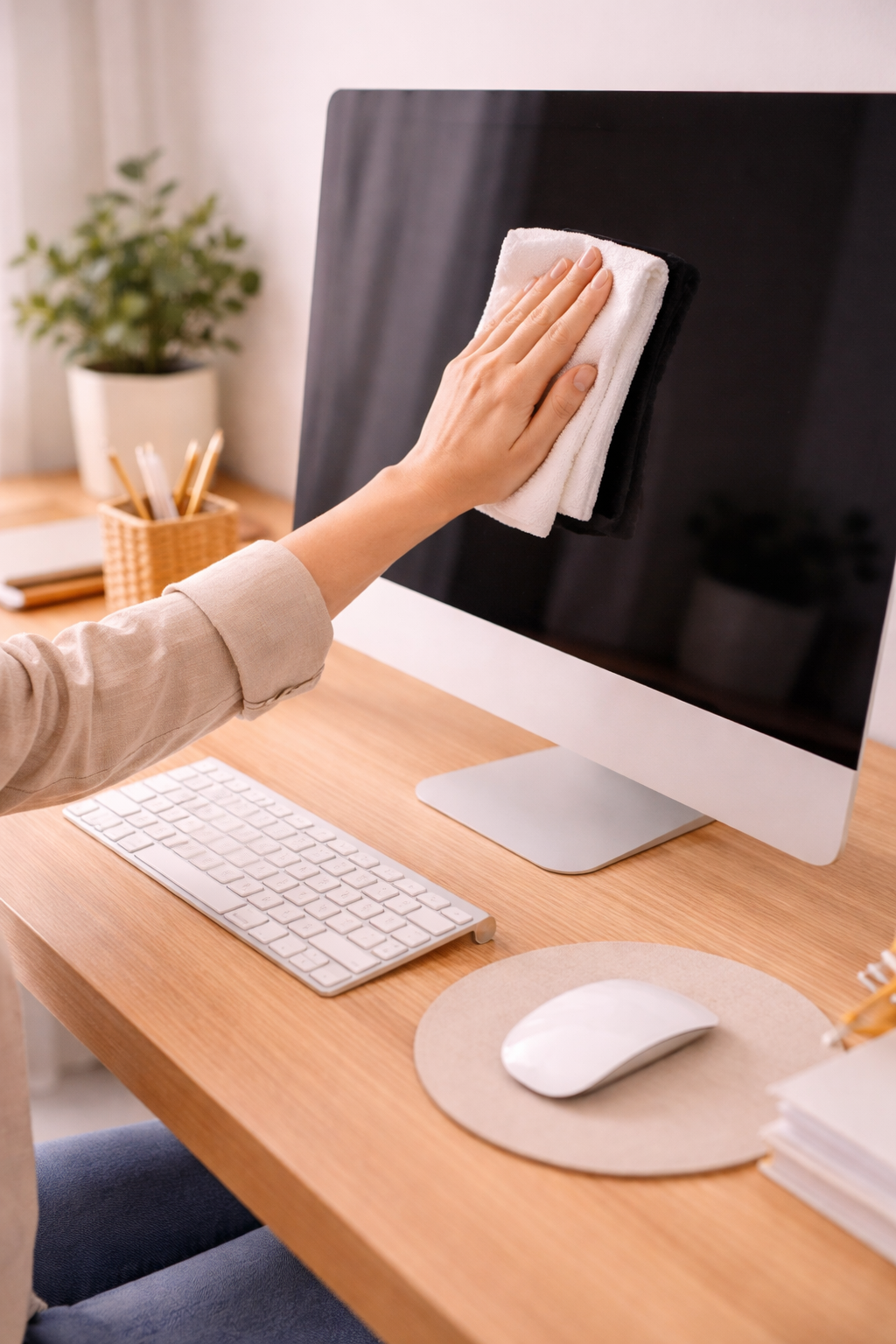 a woman wiping a computer monitor using a clean white cloth