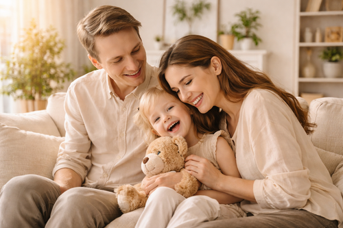 a happy family of three