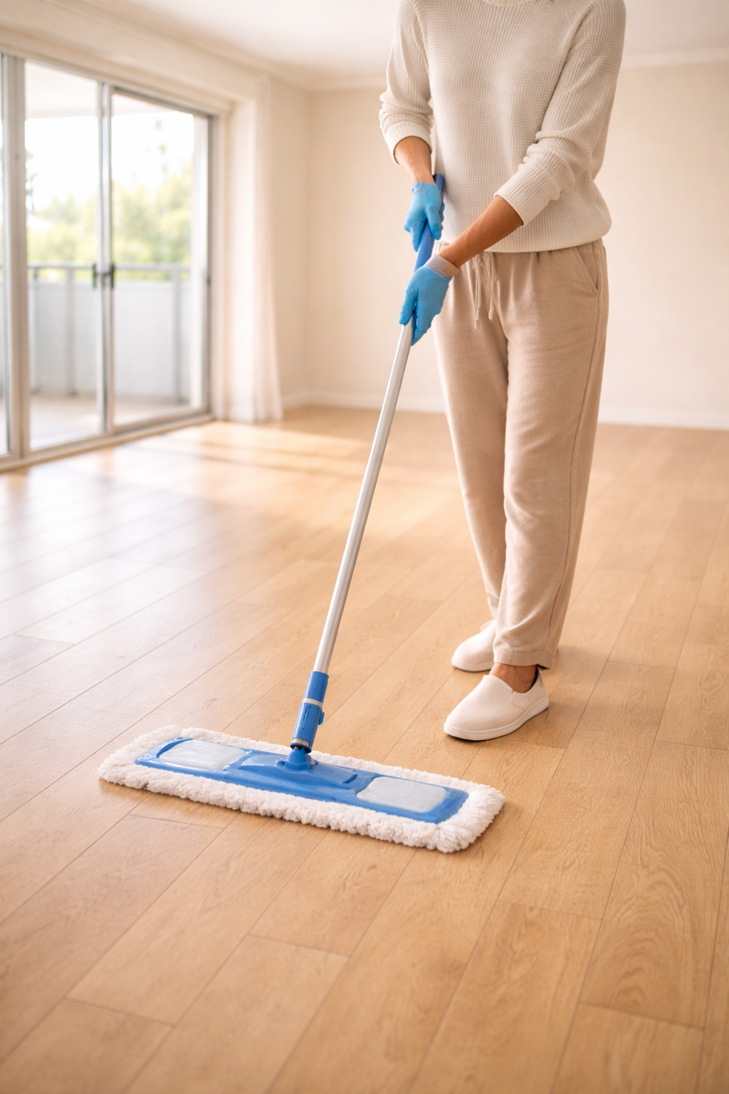 a woman mopping the living room