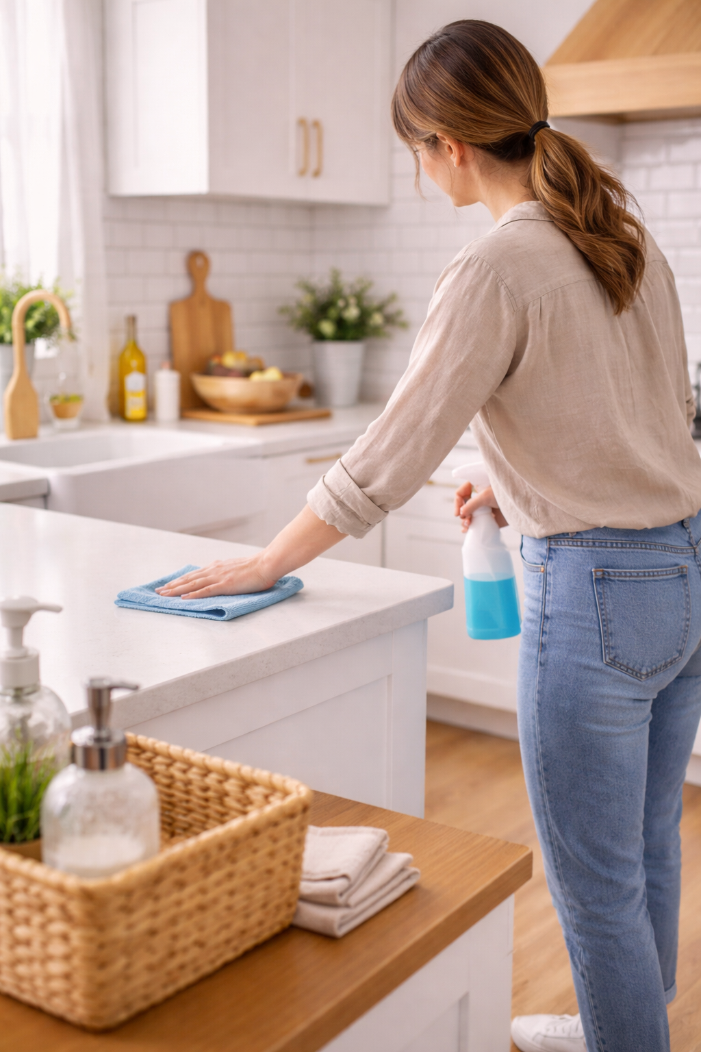 a woman cleaning a kitchen countertop