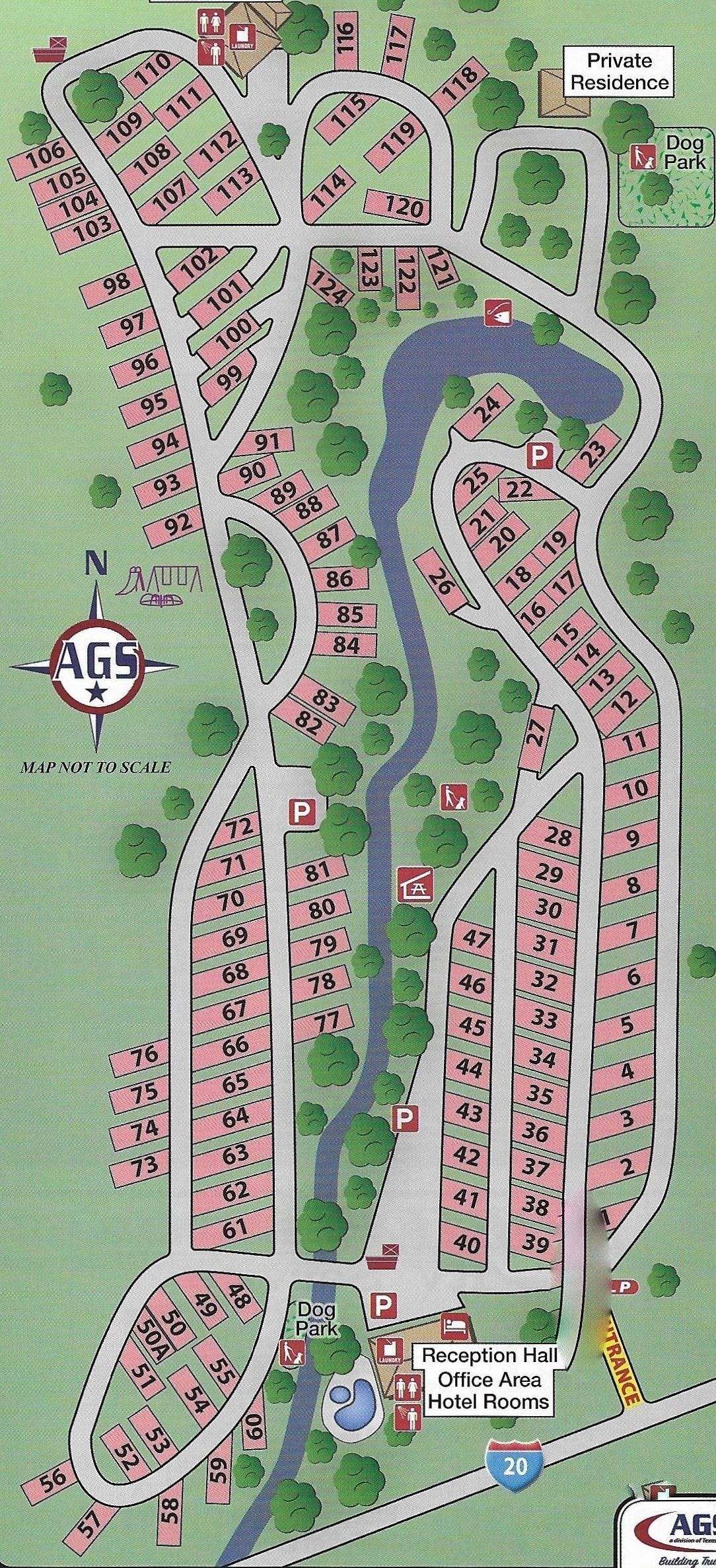 A map of a campground with lots of trees and a river.