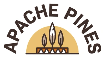 A logo for apache pines with a sunset in the background