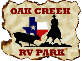A logo for oak creek rv park with a cowboy and a deer