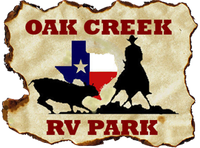 A logo for oak creek rv park with a cowboy and a deer