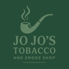 Logo for Jo Jo's Tobacco & Smoke Shop. A pipe emits smoke. Green background with green text.