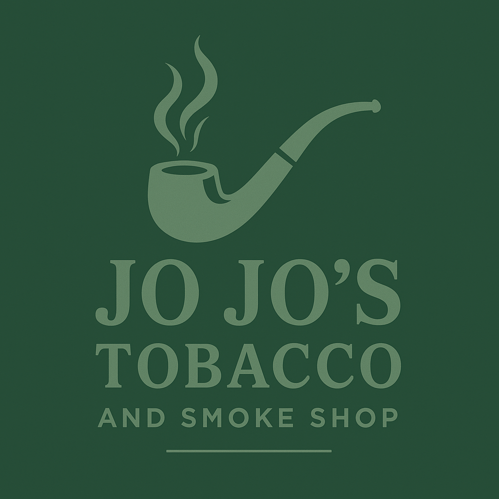Logo for Jo Jo's Tobacco & Smoke Shop. A pipe emits smoke. Green background with green text.