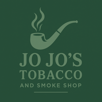 Logo for Jo Jo's Tobacco & Smoke Shop. A pipe emits smoke. Green background with green text.