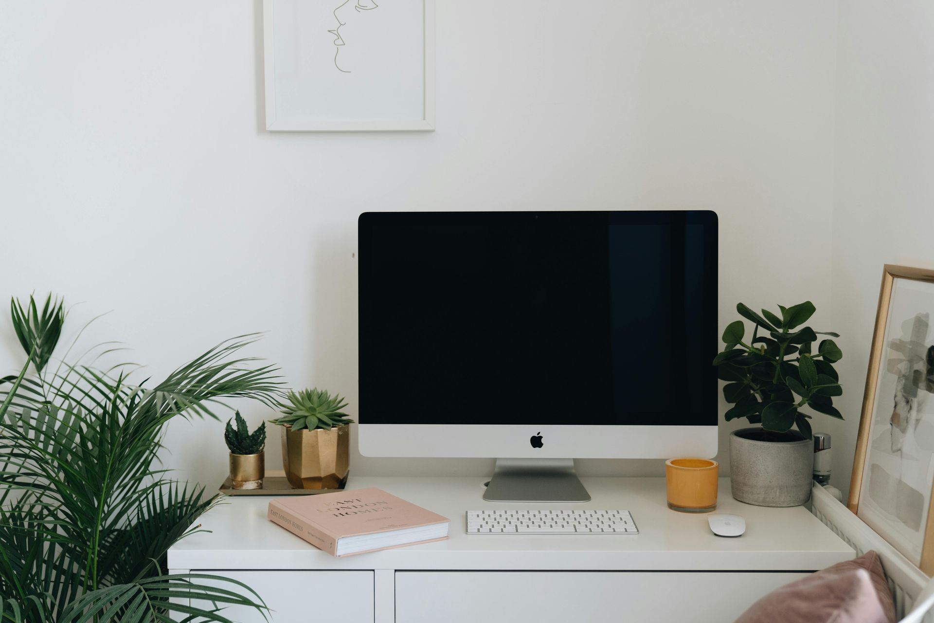 White desk with computer, keyboard, and mouse. Plants and picture frame.