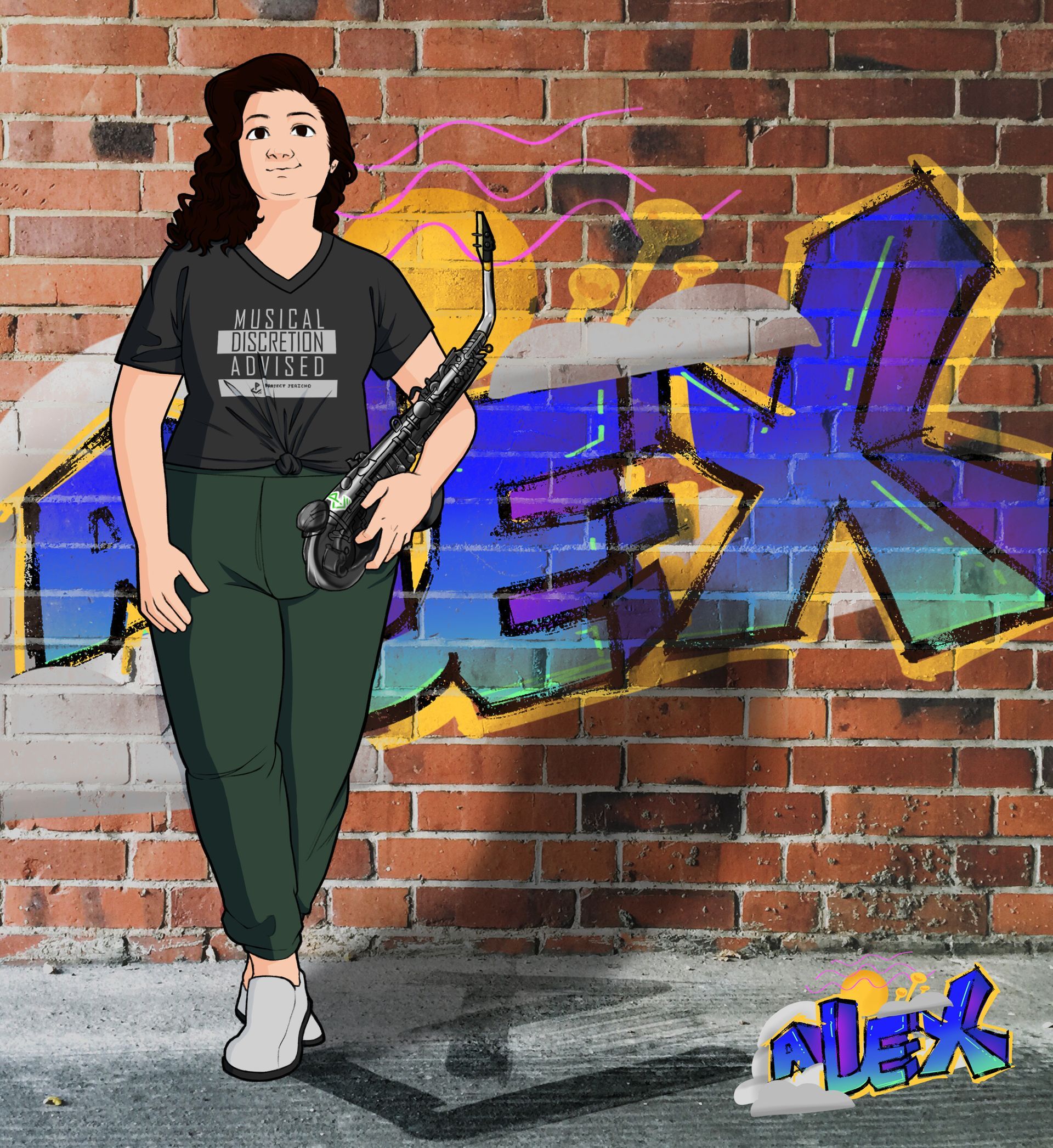 A cartoon of a woman standing in front of a graffiti wall that says Alex