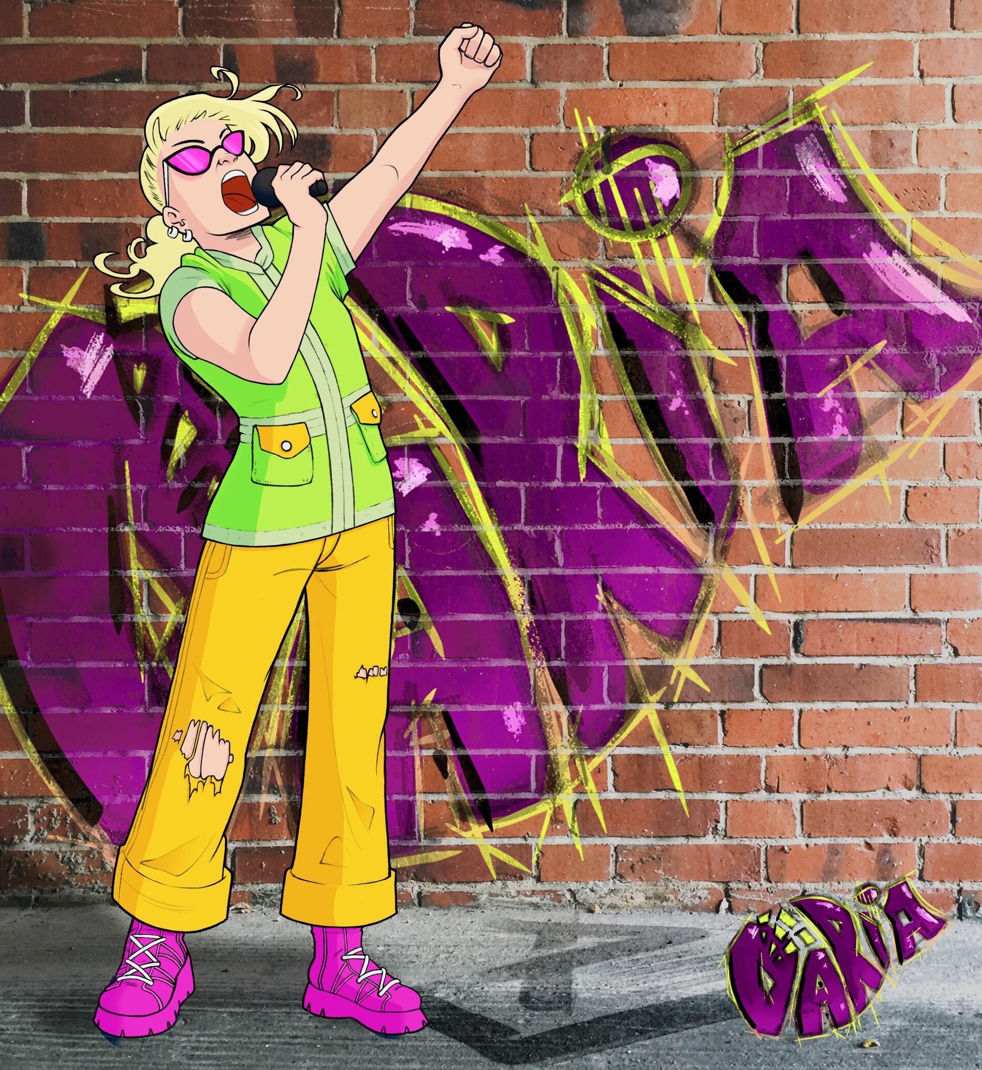 A cartoon of a girl singing into a microphone