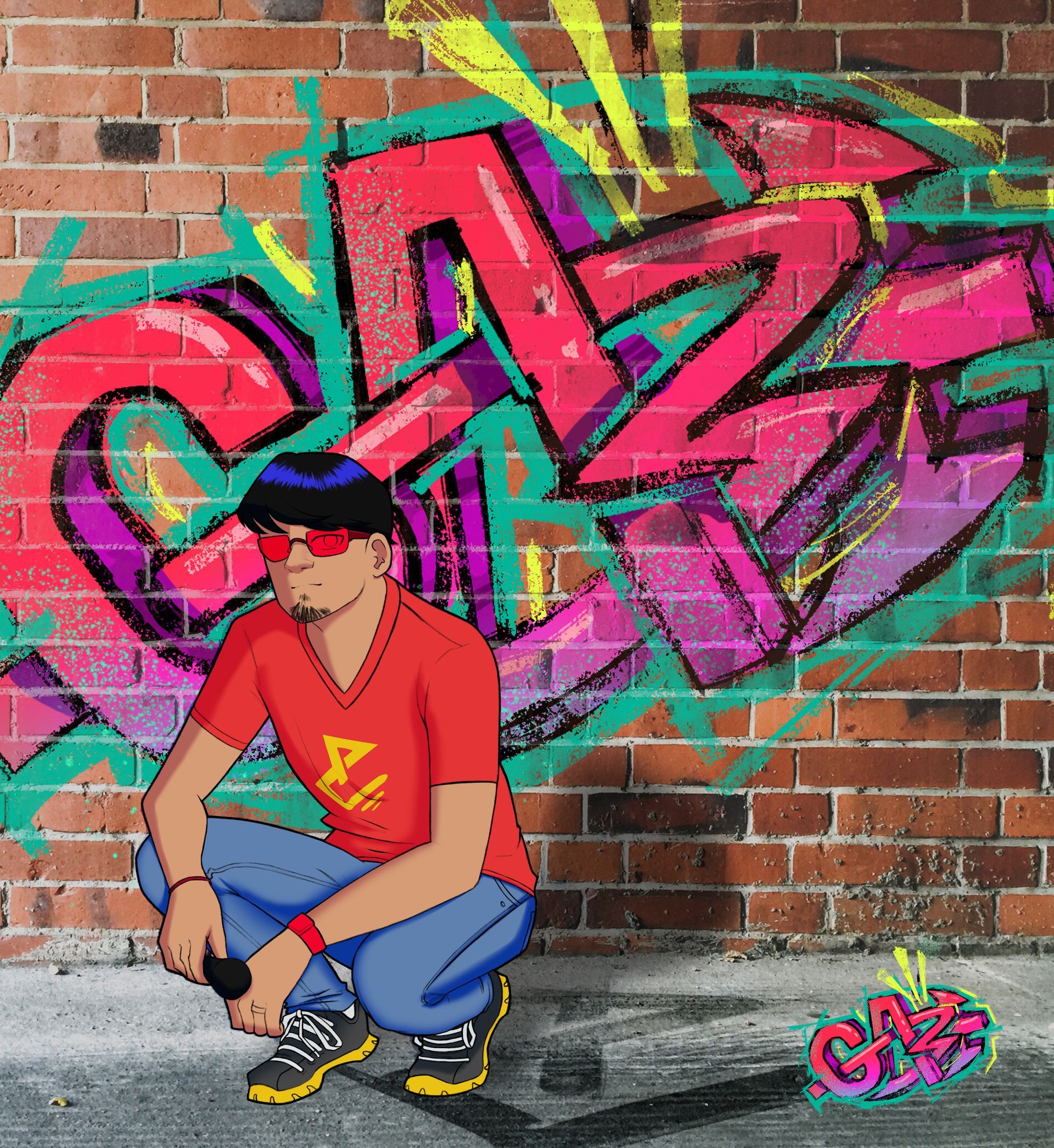 A man in a red shirt is squatting in front of graffiti that says Gabe