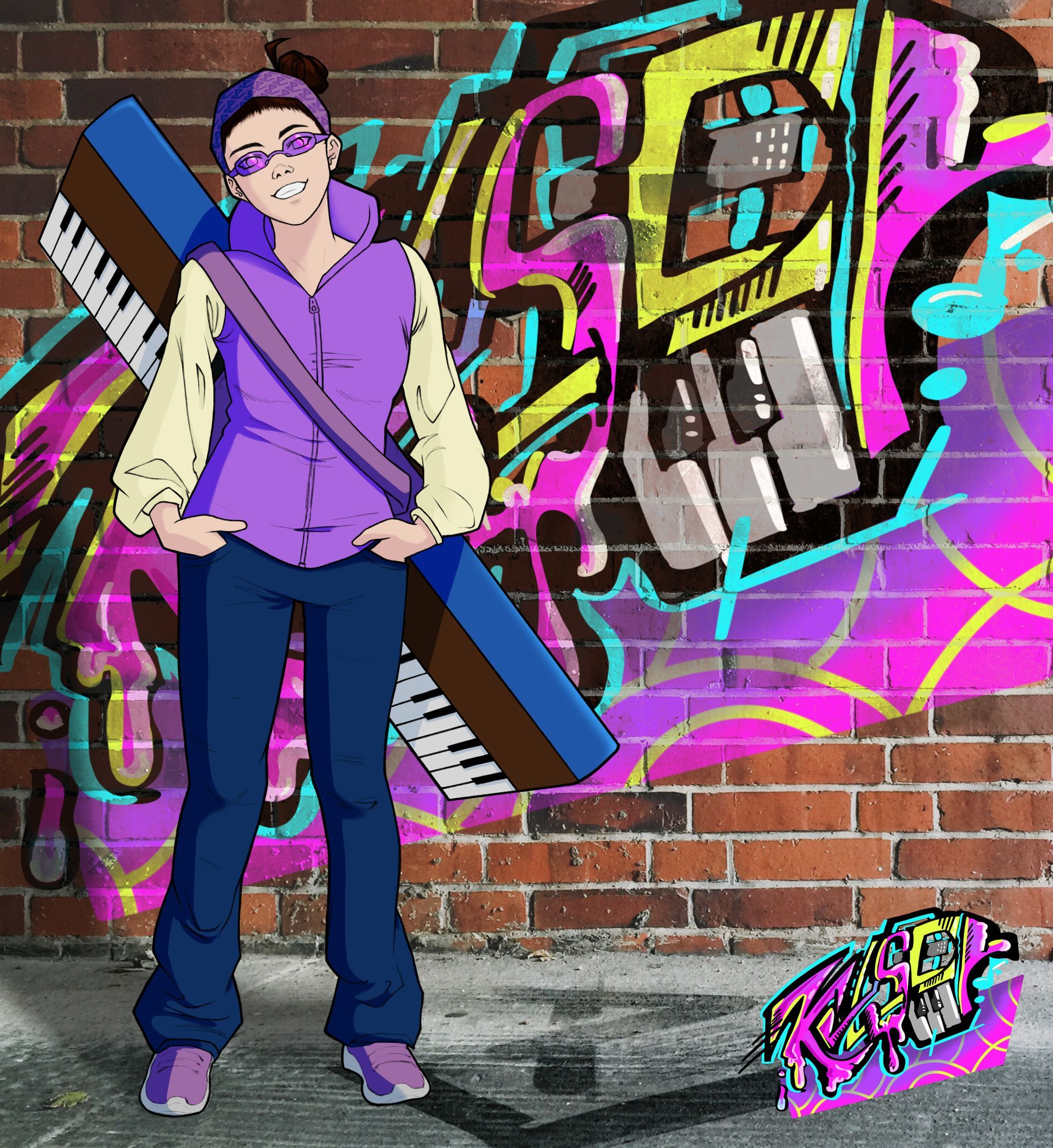 A person holding a keyboard in front of a graffiti wall that says Kelsey