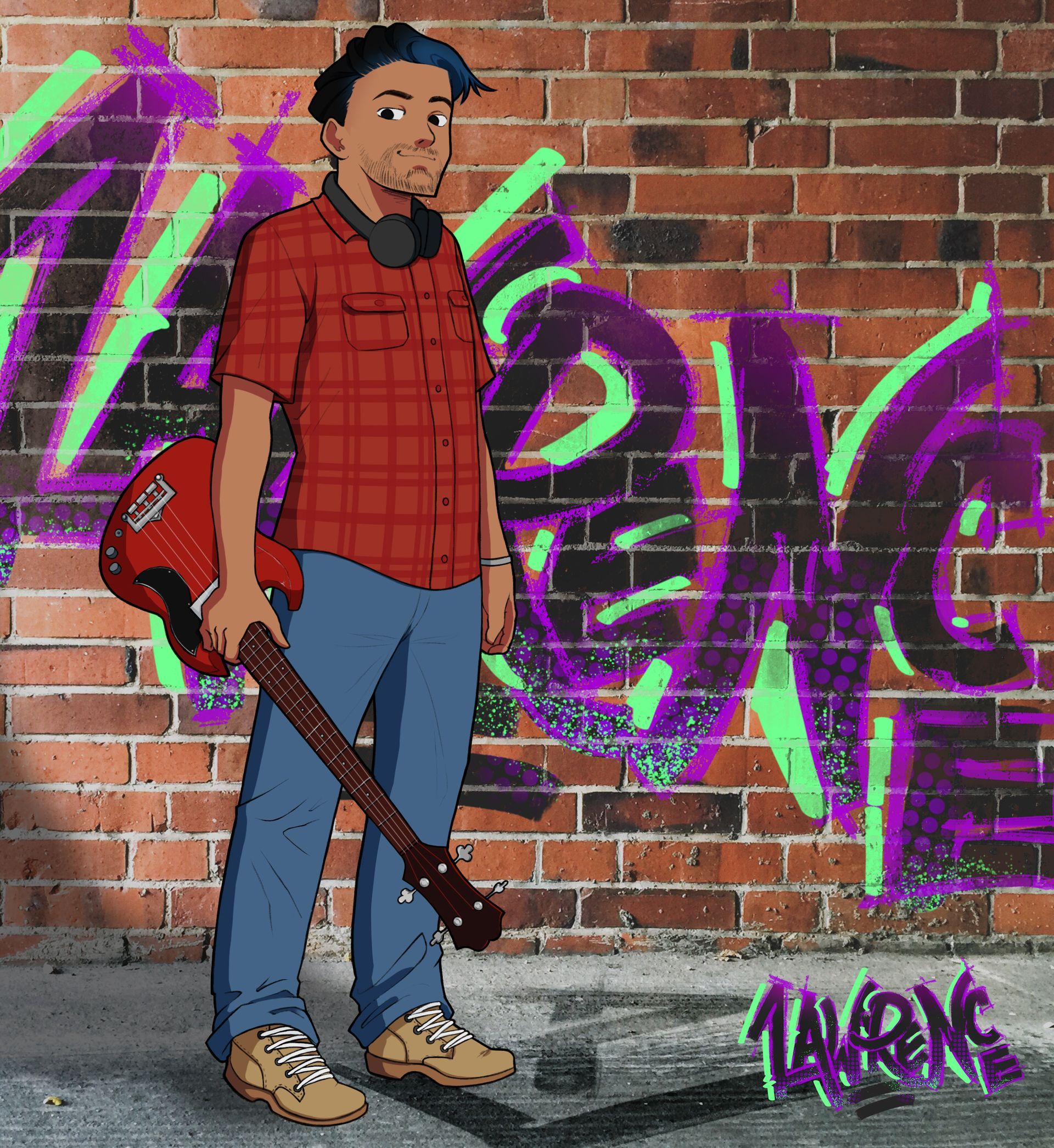 A cartoon of a man holding a guitar in front of a brick wall with graffiti on it