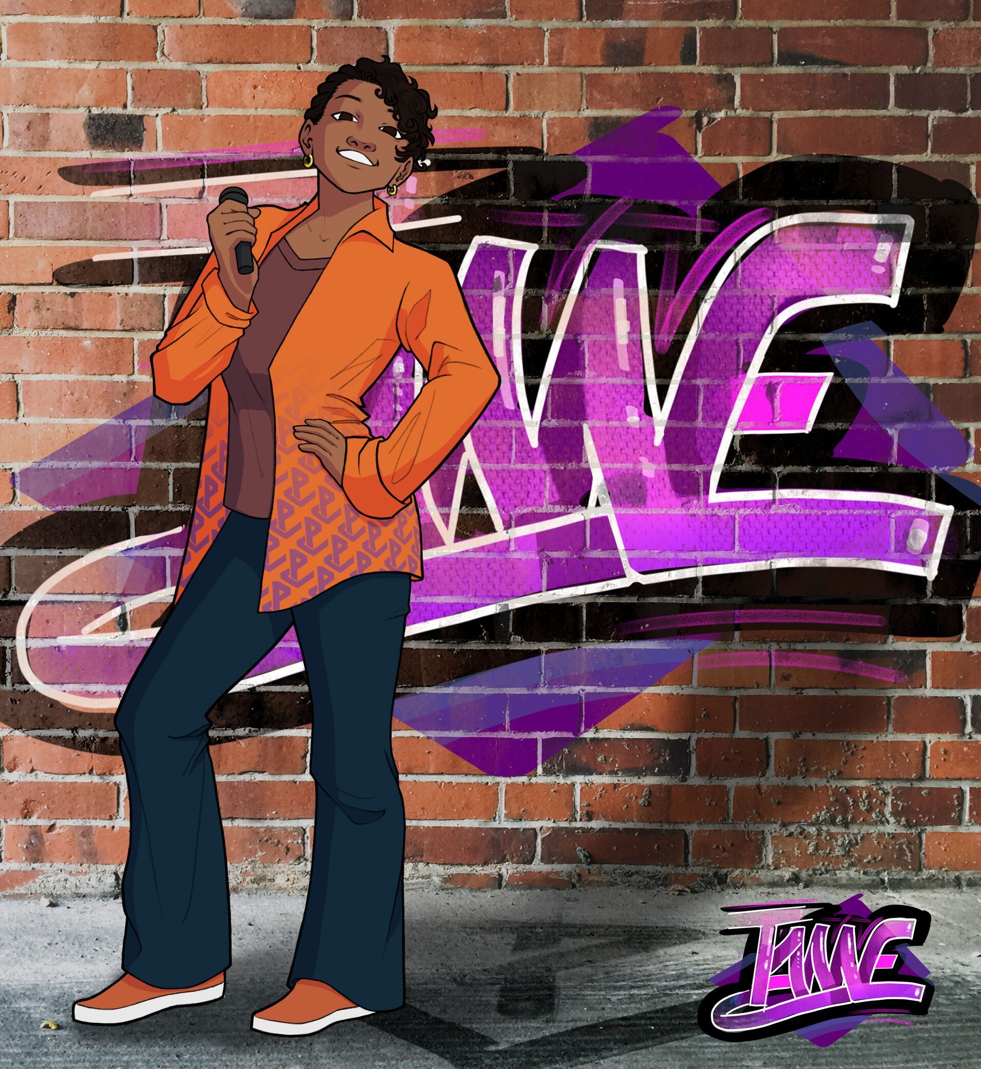 A cartoon of a woman standing in front of a brick wall that says Tave