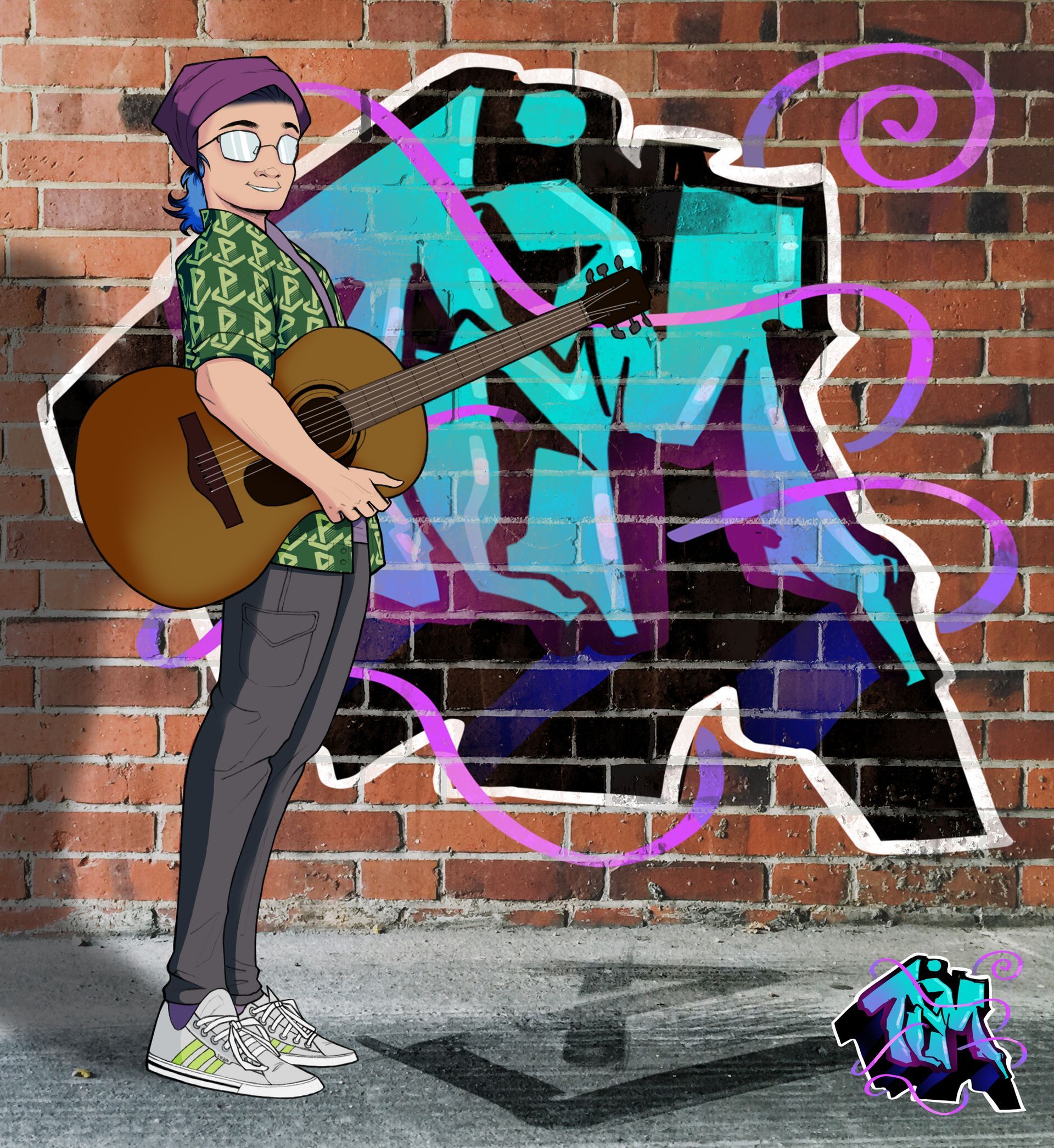 A person holding a guitar in front of a brick wall with graffiti on it