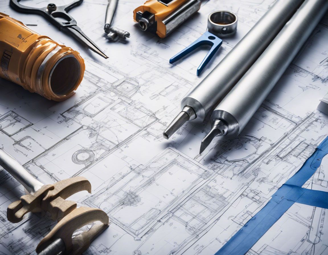 Tools on a blueprint, including caulking guns, scissors, and level.