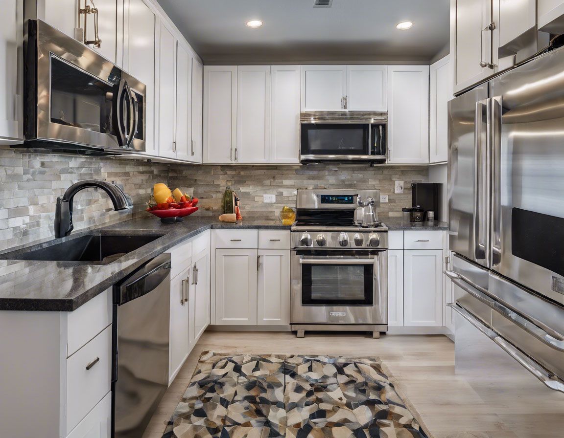 Modern kitchen with white cabinets, stainless steel appliances, stone backsplash, and patterned rug.