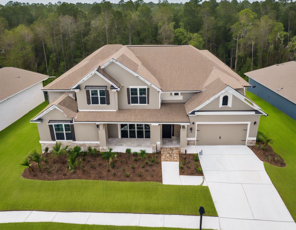 Two-story beige house with brown roof and attached garage, in a grassy yard, with a treeline in the