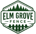 Elm Grove Fence Logo with Green Badge Emblem, Tree Line, Picket Fence Graphic, and Company Name in Elm Grove, WI