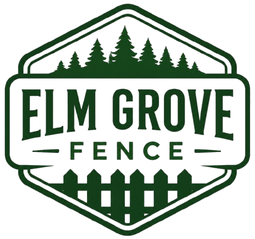 Elm Grove Fence Logo with Green Badge Emblem, Tree Line, Picket Fence Graphic, and Company Name in Elm Grove, WI