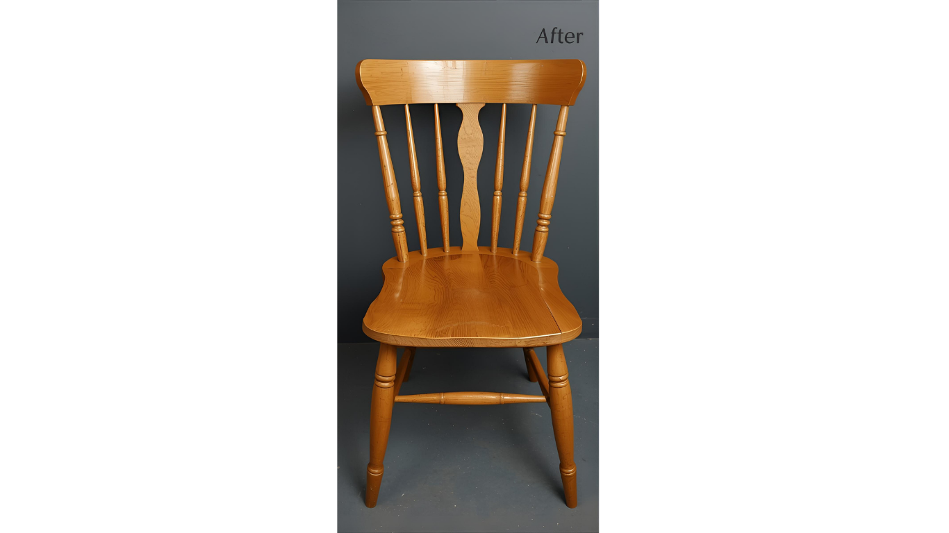 Wooden chair with a curved back and spindle back.