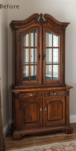 A dark wooden antique cabinet with glass doors in a corner, labeled 