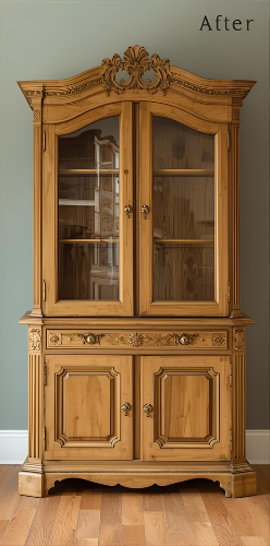 Wooden cabinet with glass doors, drawers, and ornate trim in a room.