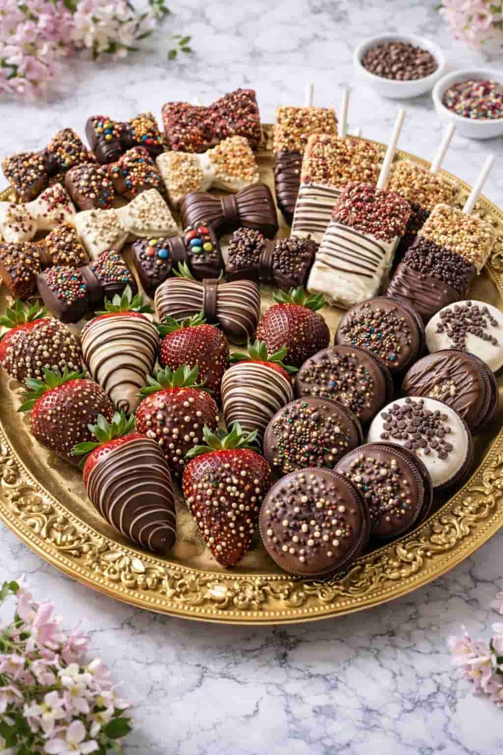 Chocolate-covered treats on a golden tray: strawberries, Oreos, bow ties, and banana pops.