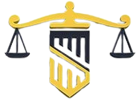 A yellow and black scale of justice with a shield on a white background.