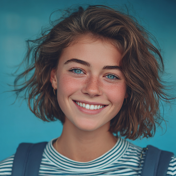 A young woman with short brown hair and blue eyes smiles widely. She has freckles, and wears a striped shirt and overalls, against a blue backdrop.