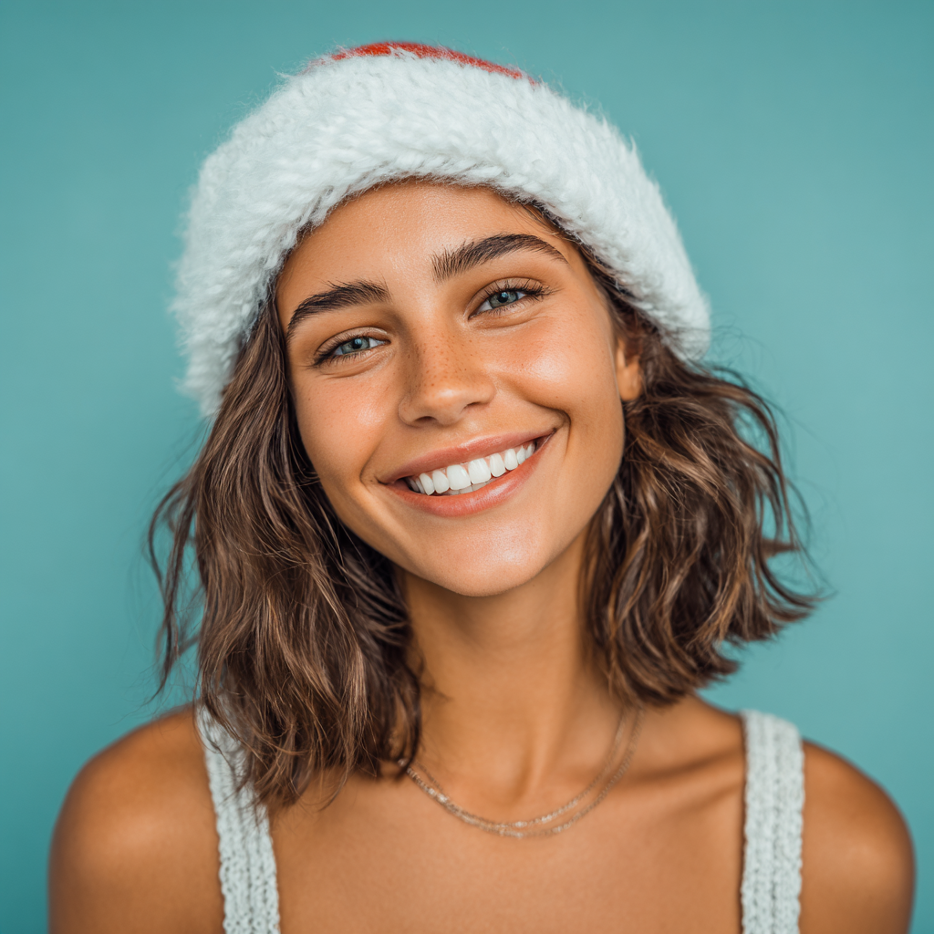 Woman wearing a Santa hat smiles at the camera against a teal background.