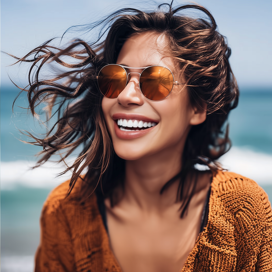 A woman wearing sunglasses is smiling with her hair blowing in the wind.