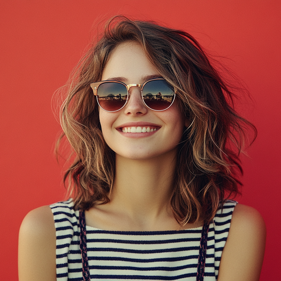 A woman wearing sunglasses and a striped shirt is smiling.