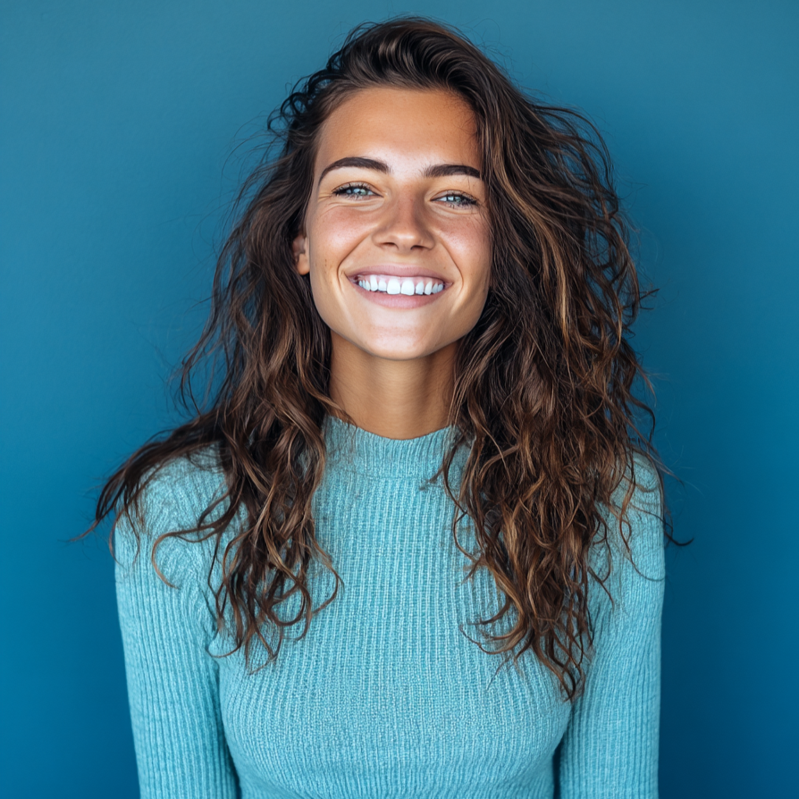 Woman smiling broadly, with wavy brown hair, wearing a teal sweater, against a blue background.