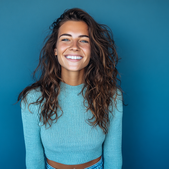 Woman with curly brown hair smiling, wearing a blue sweater, against a blue background.