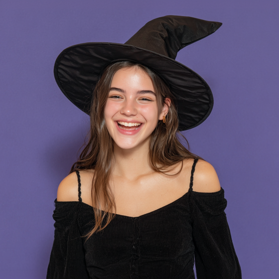 Smiling teen girl in black witch hat and dress against a purple background.