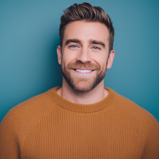 Man with a beard smiles, wearing a mustard sweater against a teal background.