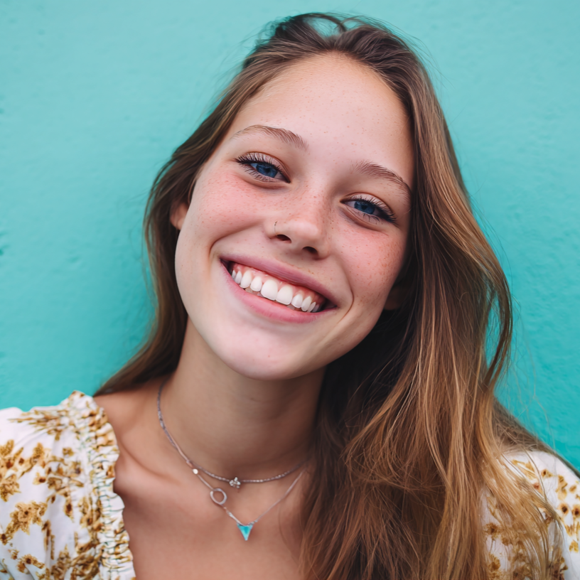 A person with long brown hair smiling against a bright turquoise background, wearing two silver necklaces.