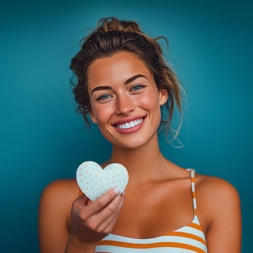 Woman holding a heart, smiling, against a teal background, wearing a striped top.