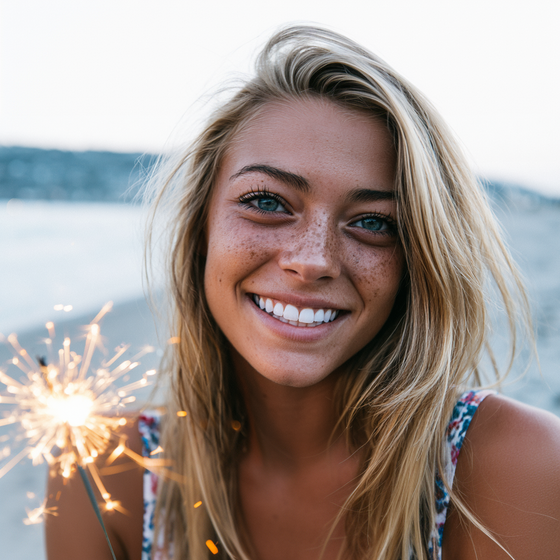 Smiling blonde person holding a lit sparkler by the water at sunset