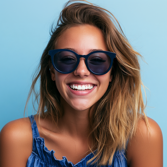 Smiling woman wearing dark sunglasses and a blue top against a light blue background
