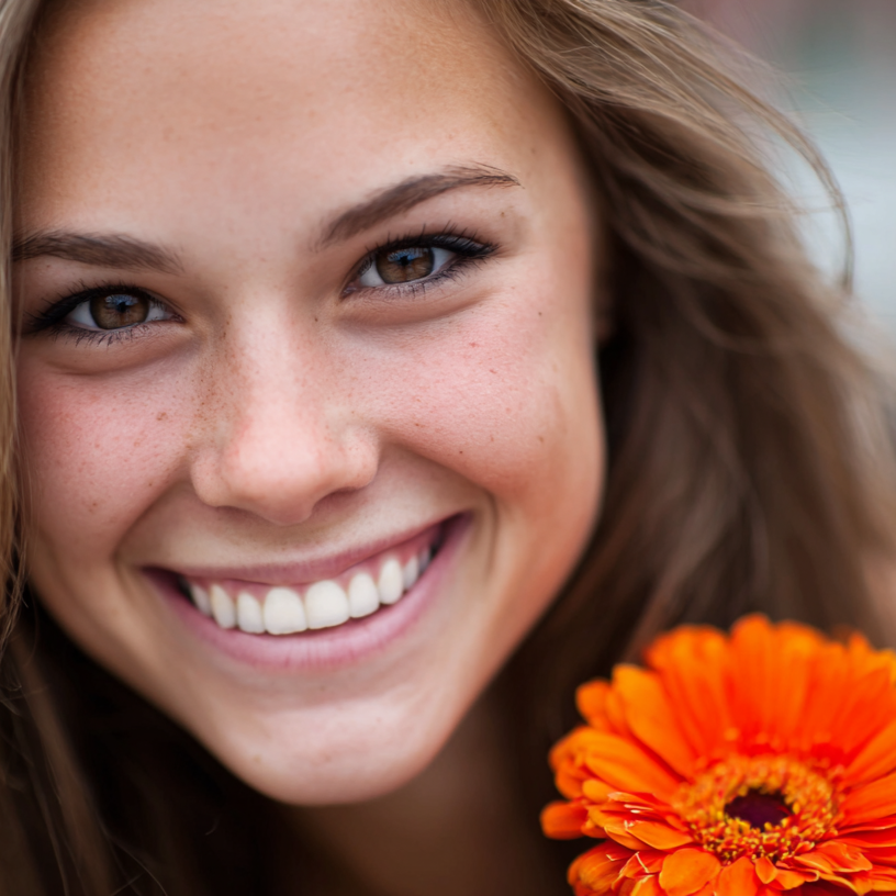 Woman smiling, holding orange flower; freckles, brown eyes.