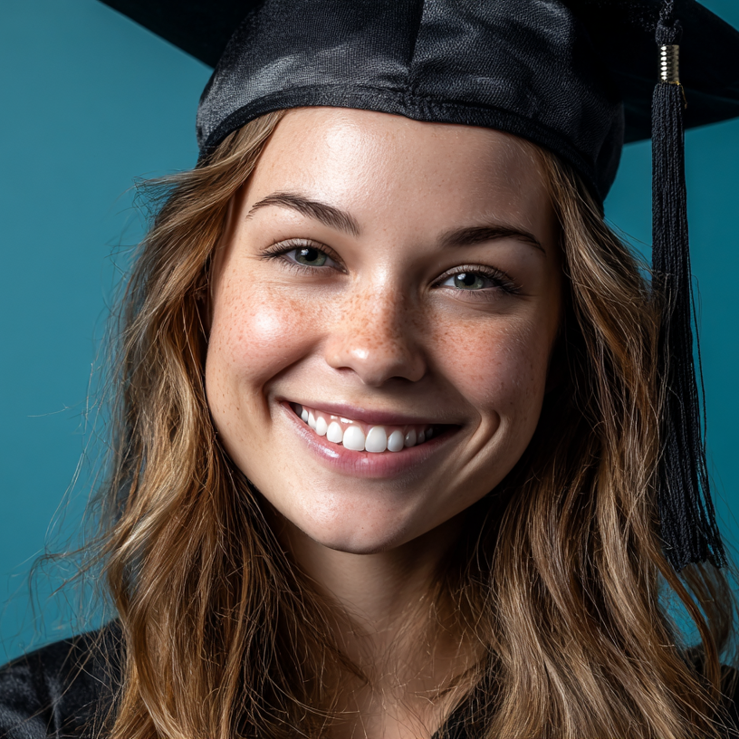 Smiling graduate in black cap and gown against a teal background