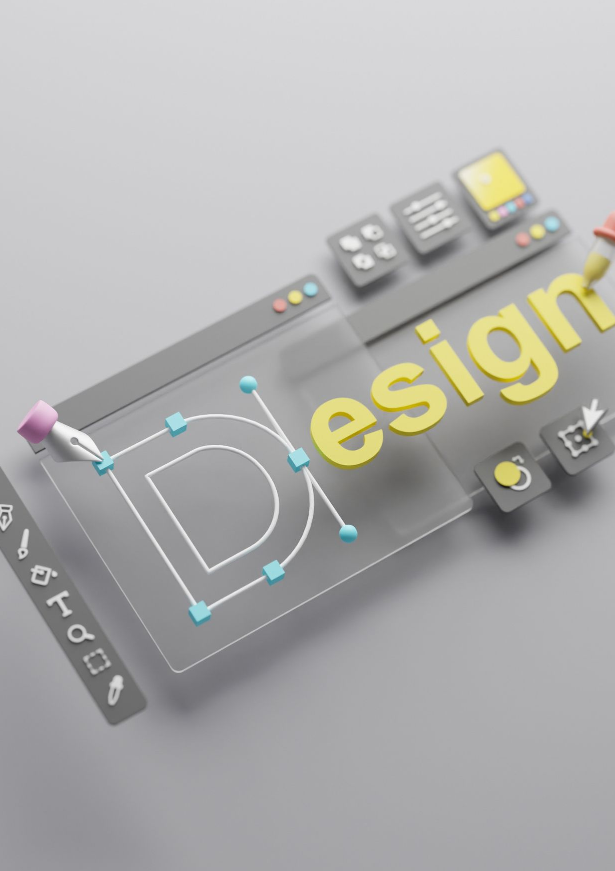Rendu numérique abstrait : Écran d'ordinateur avec des éléments d'interface flottants, blancs et orange.