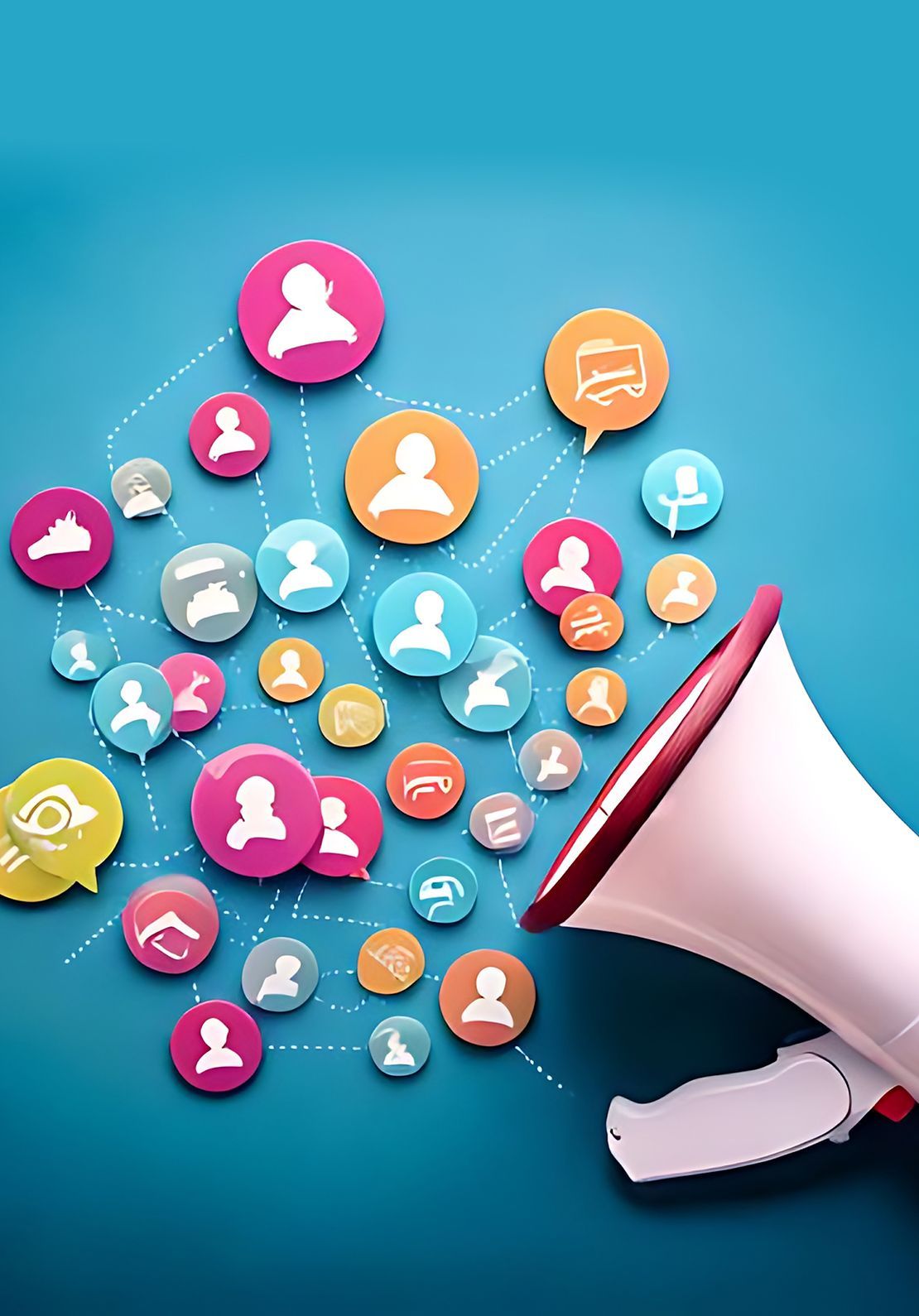 Mégaphone avec des icônes colorées connectées, diffusant un message de réseautage social.