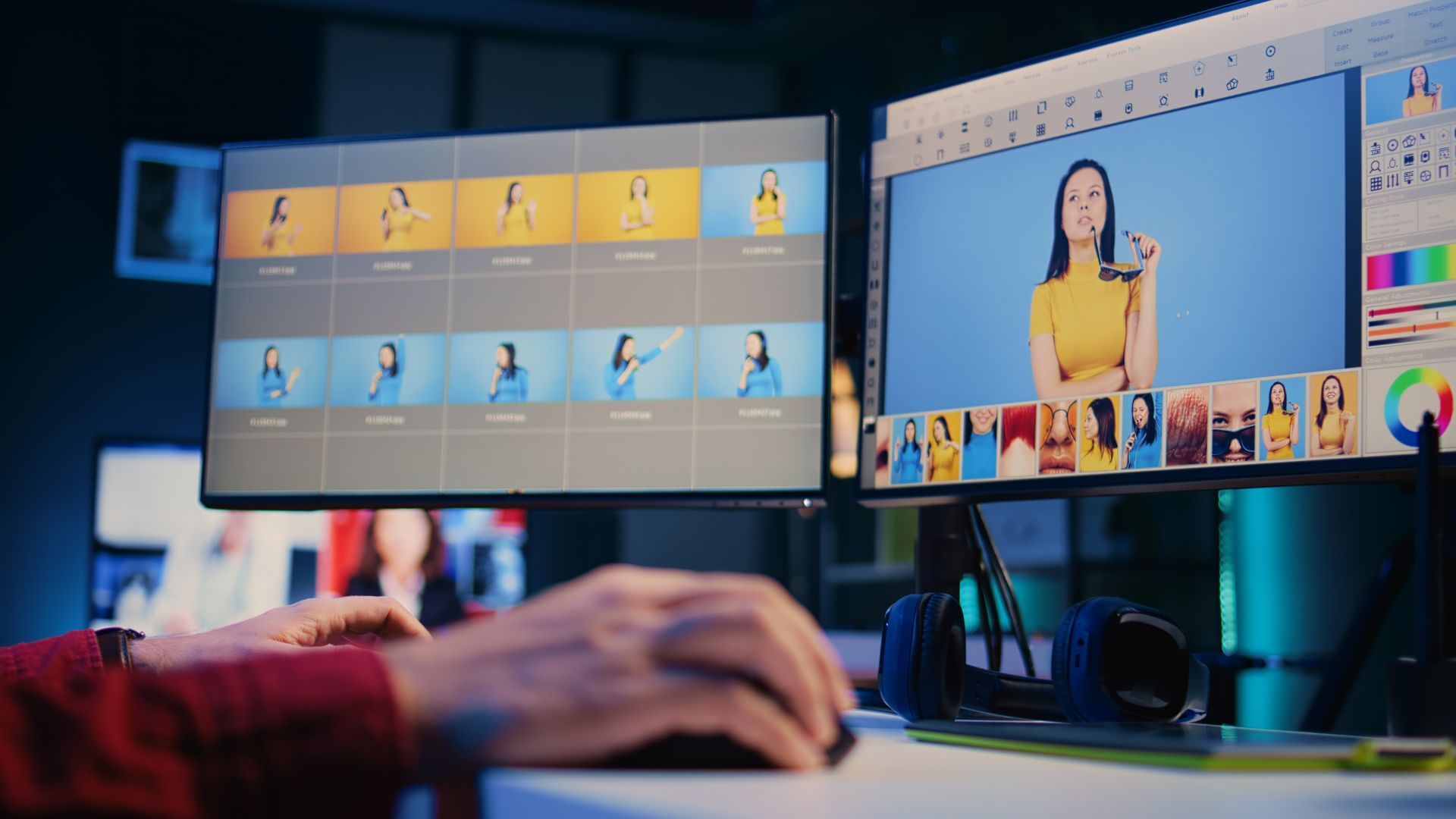 Une personne éditant une photo d'une femme sur un ordinateur avec deux écrans.