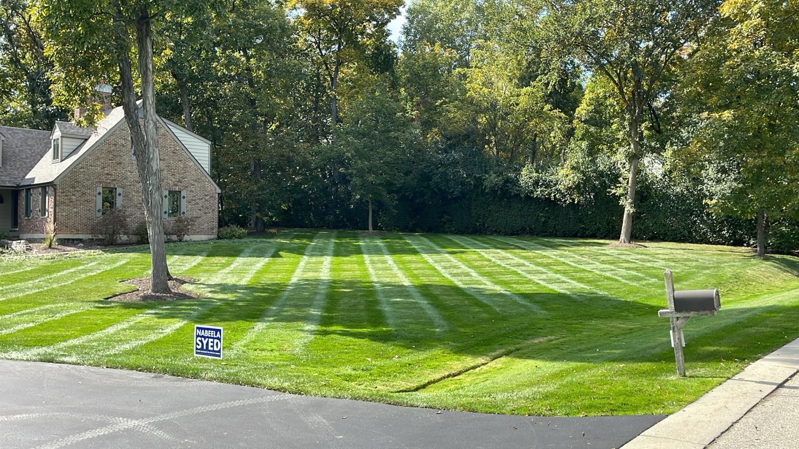 A lush green lawn in front of a house with a mailbox.