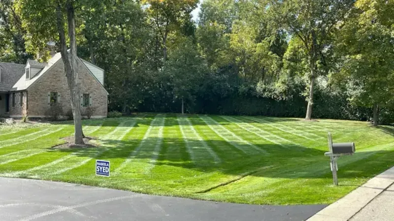 A lush green lawn with a house in the background and a mailbox in the foreground.